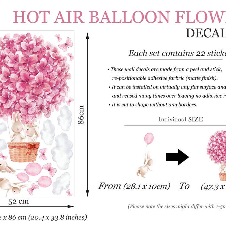 WallKoala - Wholesale Wall decal/stickers - Bunny in Flower Balloon Wall Decal - Floral Surrounding, Watercolor Style - Girls' Room Decor - BR320