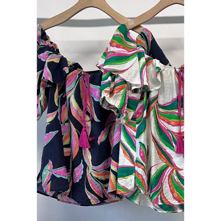 PLUS SIZE TROPICAL LEAF PRINT OFF SHOULDER FRONT TASSLE FLUT for wholesale by Curve Market