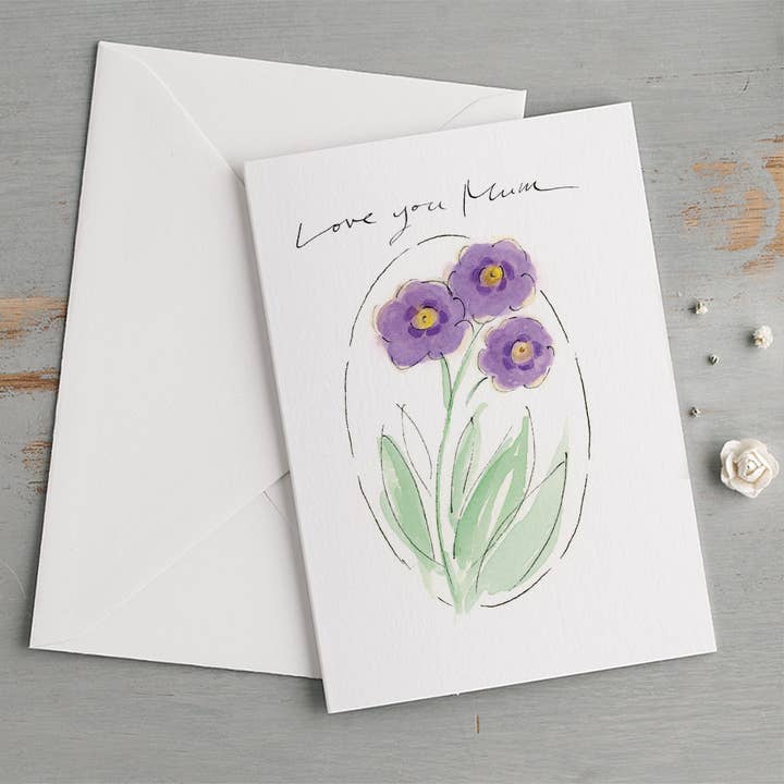 'Love You Mum' Auricula Mother's Day Card for wholesale by Gabrielle Solly Illustration