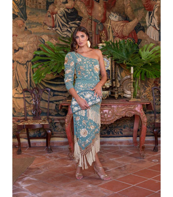 GRÜN REF.: 000015 Káhyra Alboreá Chiffon-Schalrock in Wassergrün mit Beigen Blumenmotiven für den Großhandel auf Faire1