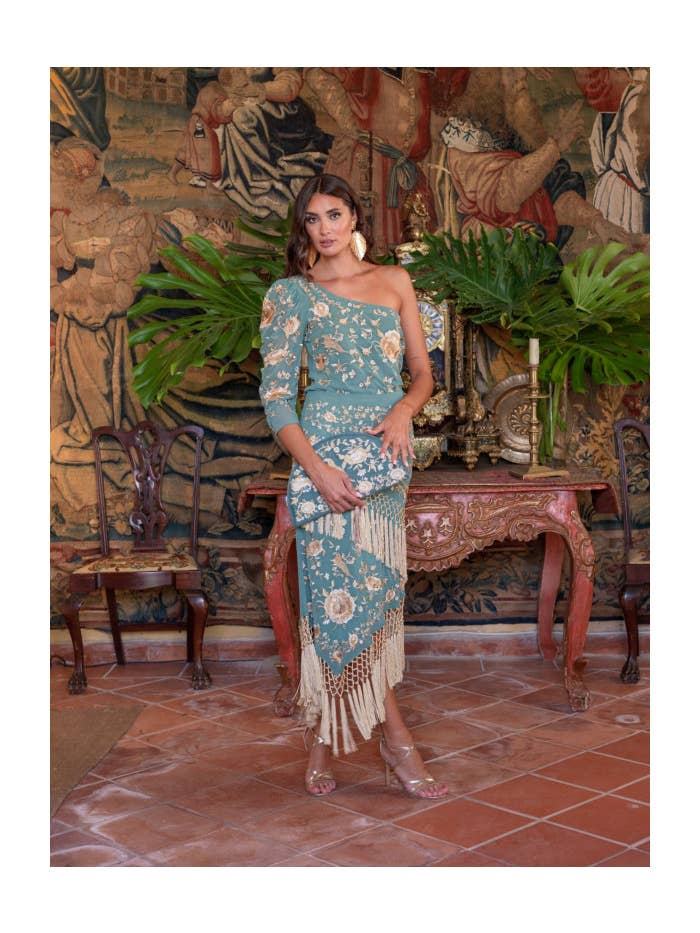 RÉF. VERTE : 000015 KAHYRA châle-pagne en chiffon vert eau Alboreá en vente sur Faire1