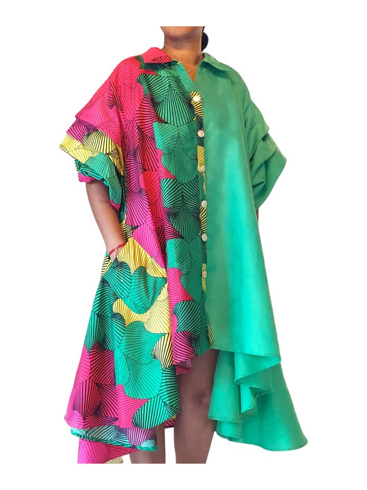 India Batik - Wholesale Dress - Women's - Swing Dress/ Faux Silk/ Ruffle Sleeve - Two Tone