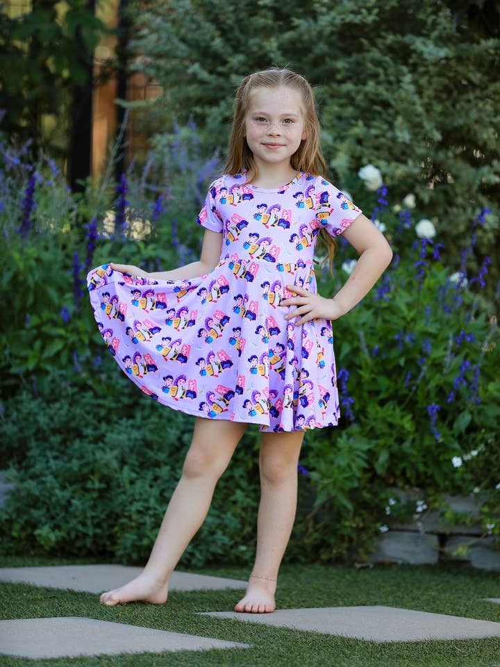 Girls Purple Print Short Sleeve Twirl Dress for wholesale by Rylee Faith Designs