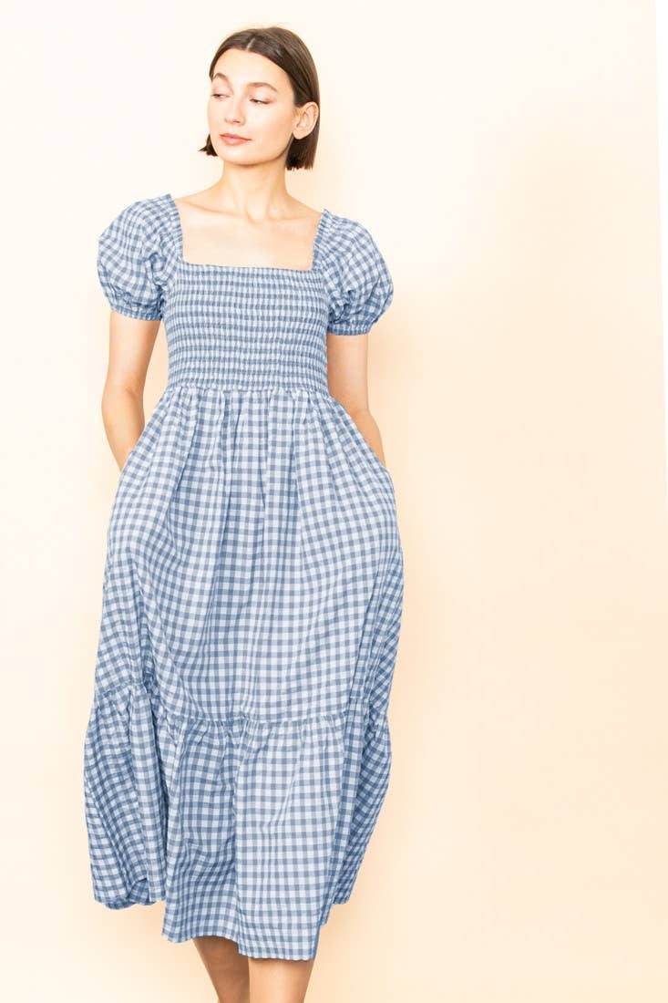 Elloh Collection - Wholesale Dress - Women's - Gingham Puff Sleeves Smocked Chest Midi Dress with Pockets13