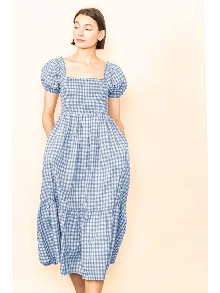 Elloh Collection - Wholesale Dress - Women's - Gingham Puff Sleeves Smocked Chest Midi Dress with Pockets13