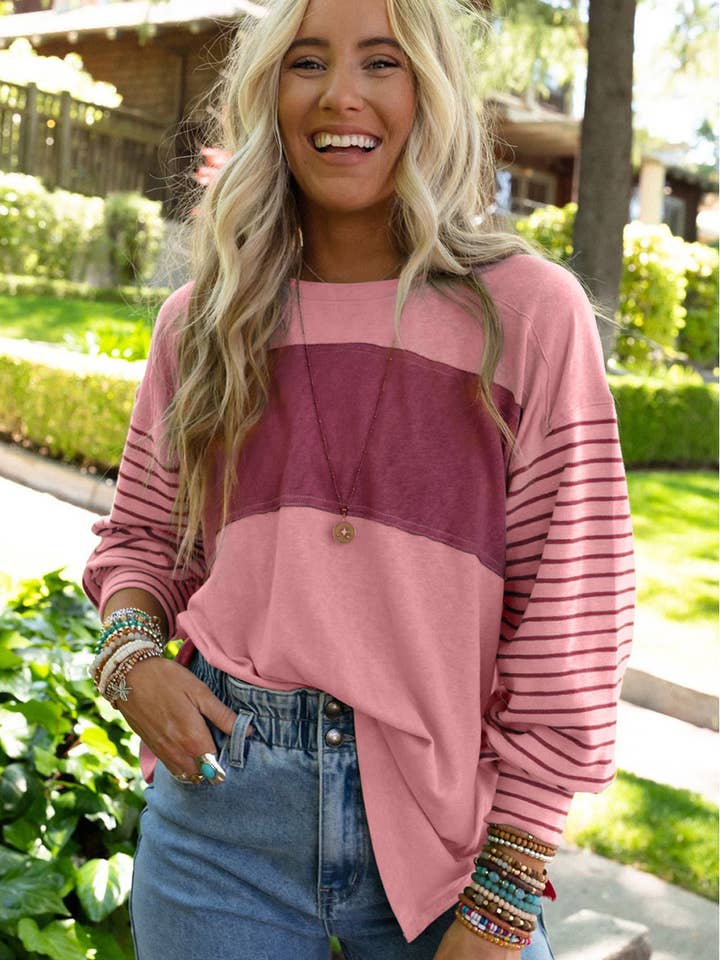 Lovesoft - Wholesale Tunic - Women's - Multicolor Clashing Stripe Bishop Sleeve Top13