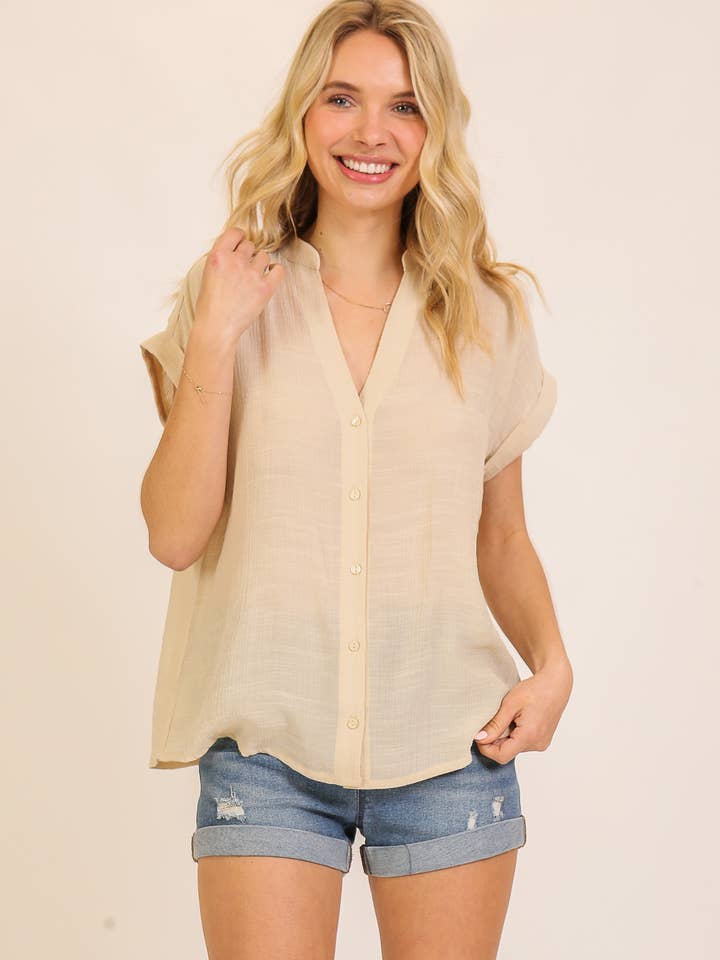 Cap Sleeve Poly Linen Button Down Top 4 for wholesale by TIMING