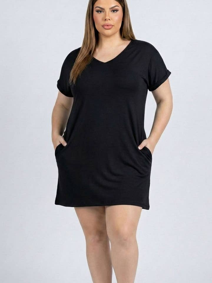 CAPELLA APPAREL - Venta al por mayor Vestido - Mujer - Minivestido con bolsillo y manga casquillo de talla grande