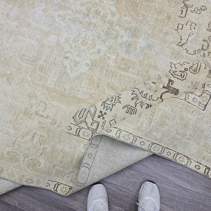 Hand-Knotted Neutral Oushak Rug 9x12: Vintage Wool Oriental Carpet for wholesale by MesopotamiaRugs