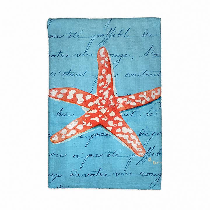 Coral Starfish Blue Script Kitchen Towel for wholesale by Betsy Drake Interiors