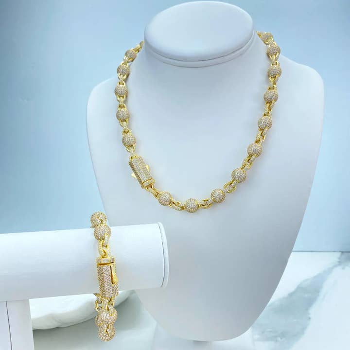 18k Gold Filled Iced Ball Necklace and Bracelet Set, Statement Jewelry, Wholesale Jewelry for wholesale by Luxus Accessories