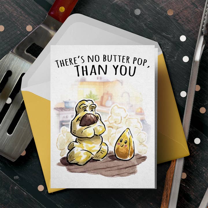 „There's No Butter Pop“ — lustige Popcorn Pun Vatertagskarte für den Großhandel von Aaron Millard Illustration