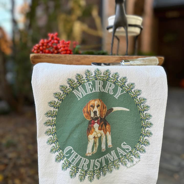 Dish Towel - Merry Christmas Beagle on Flour Sack for wholesale by Goose and Willow