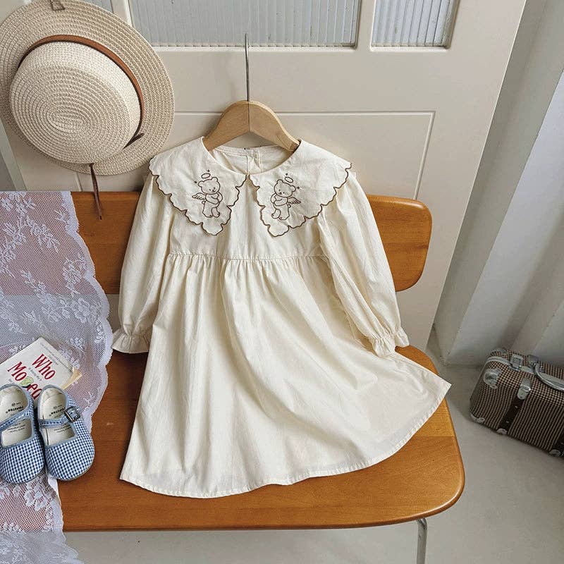 Beige Arrival Autumn Girls Teddy Bear Embroidered Pattern Long Sleeves Dress with Collar for wholesale on Faire2