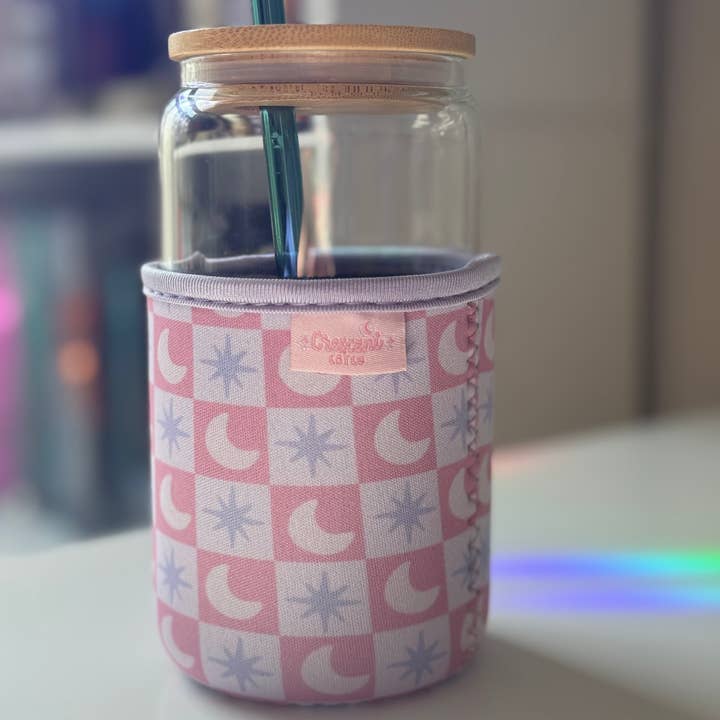 CrescentCatCo - Wholesale Drink Huggers & Koozies - Checkers Celestial Pastel Ice Coffee Drink Sleeve2