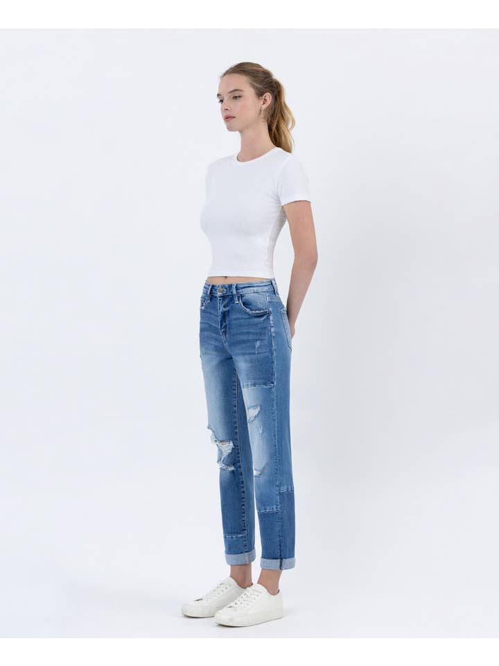 DILIGENT HIGH RISE COLOR BLOCK CUFFED BOYFRIEND JEANS F4612 for wholesale on Faire