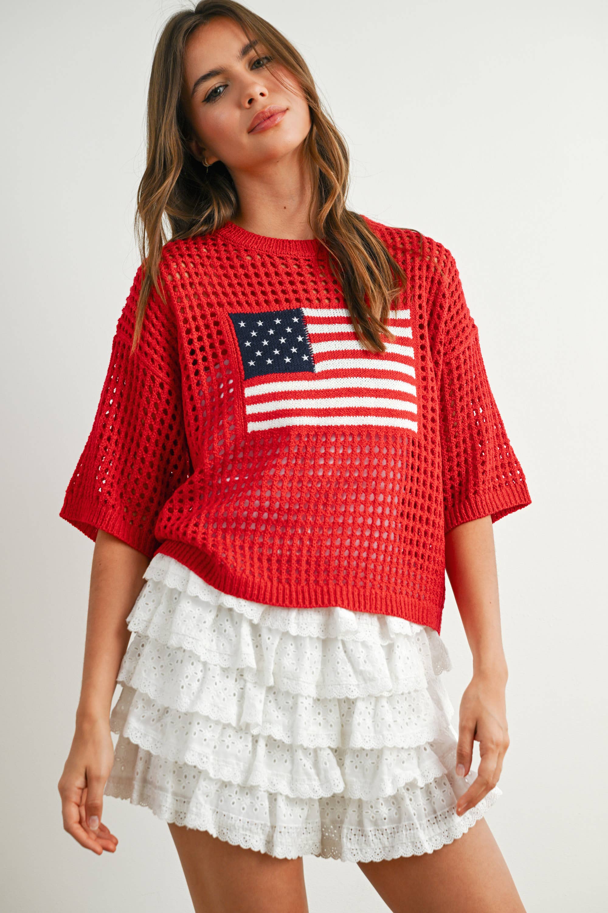 BUTTERMELON - Wholesale Knit Top - Women's - Flag Print Open Knit Crochet Sweater Top - BMW773524