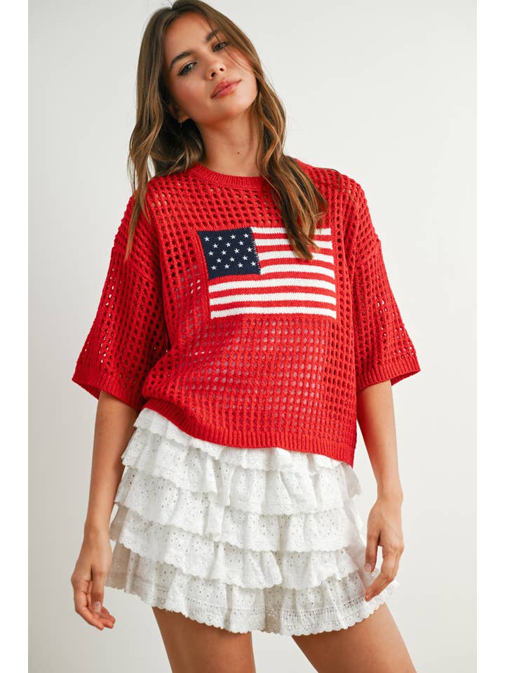 BUTTERMELON - Wholesale Knit Top - Women's - Flag Print Open Knit Crochet Sweater Top - BMW773524