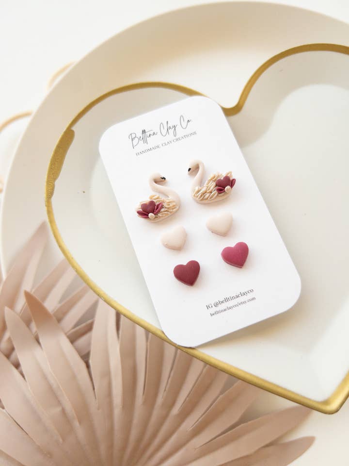 Valentines Day | Swan Stud Pack | Heart | for wholesale by Belltina Clay Co.