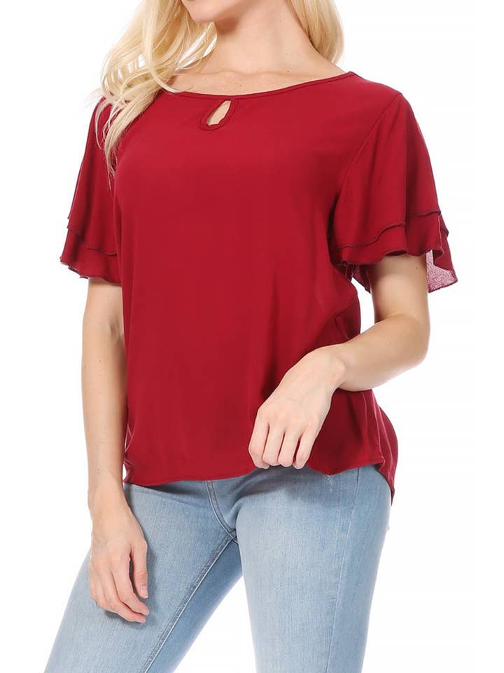 MOA COLLECTION - Wholesale Blouse - Women's - Casual Solid Flowy Short Flutter Sleeve Key Hole Blouse5