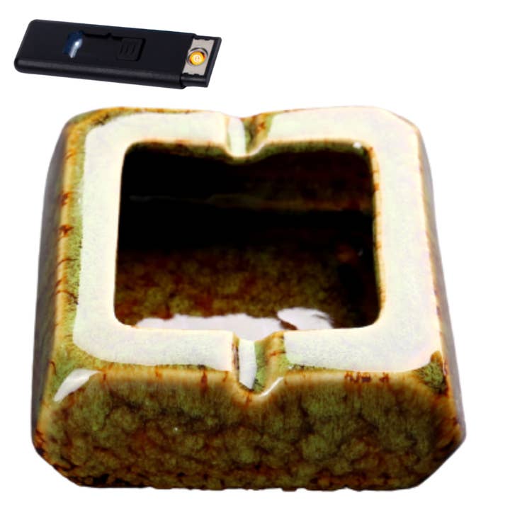 Square Glossy Ceramic Ashtray + Flameless Lighter (GREENISH) for wholesale by A&A Wonders