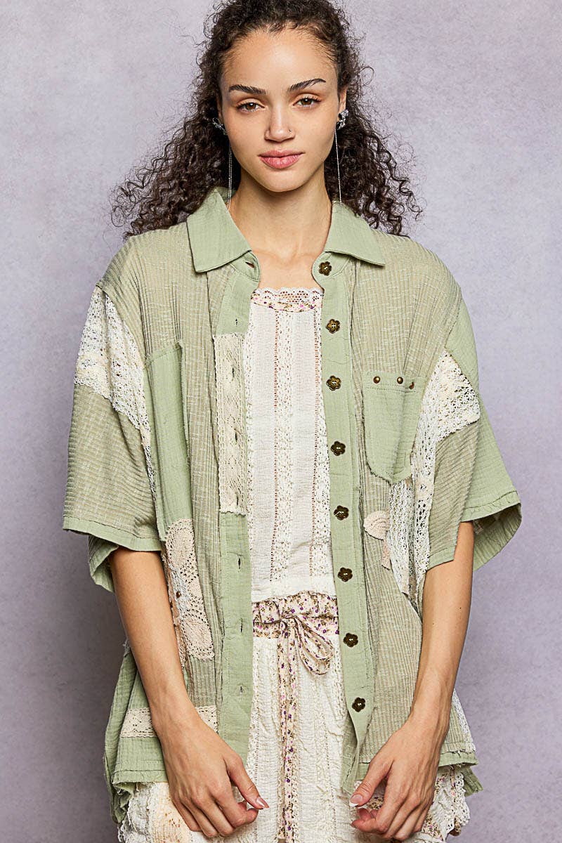 Pol Clothing - Wholesale Button Down Shirt - Women's - Collared Studded Button-down Short Sleeve Knit Shirt Top5