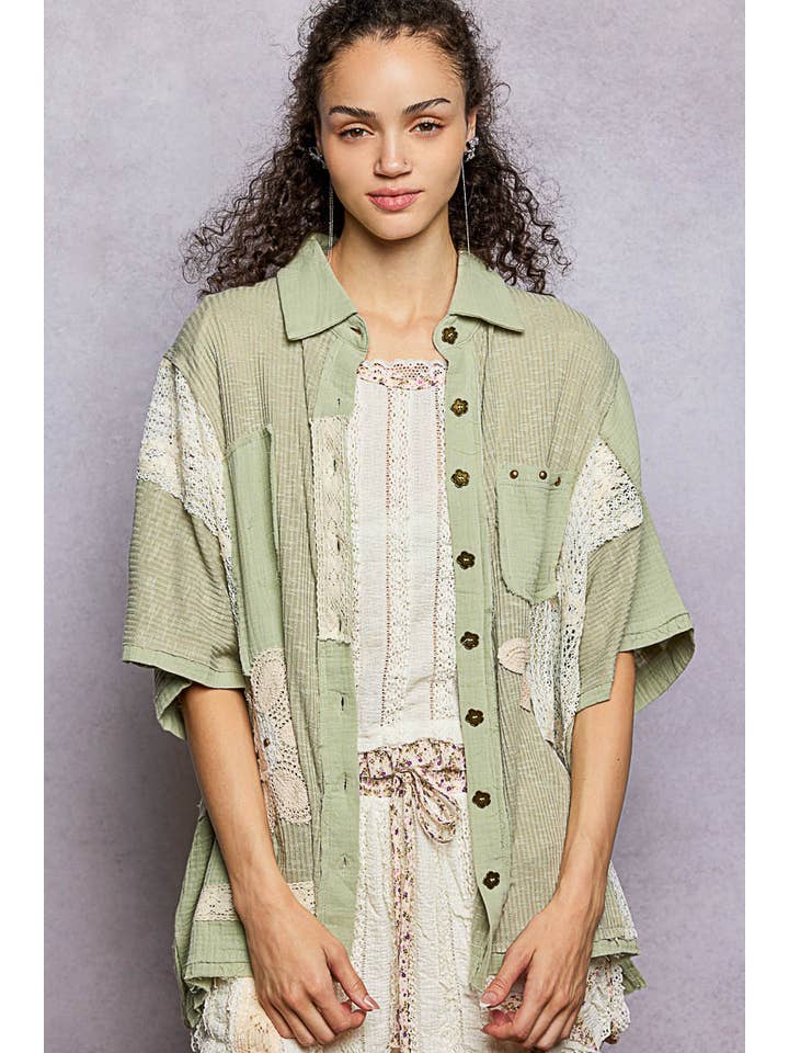 Pol Clothing - Wholesale Button Down Shirt - Women's - Collared Studded Button-down Short Sleeve Knit Shirt Top5