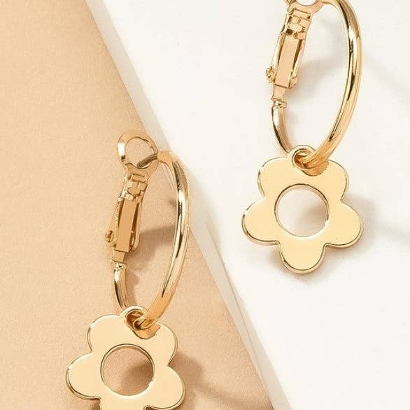 Brass hoop earrings with cutout flower drops for wholesale by Love, Kuza