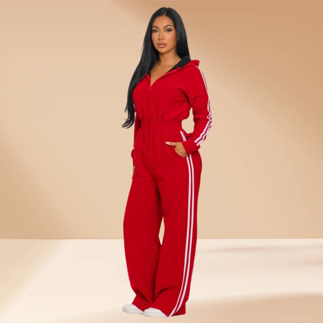Celystrends - Wholesale Jumpsuit - Women's - Jumpsuit Hooded Lined Fleece Side Stripes 10