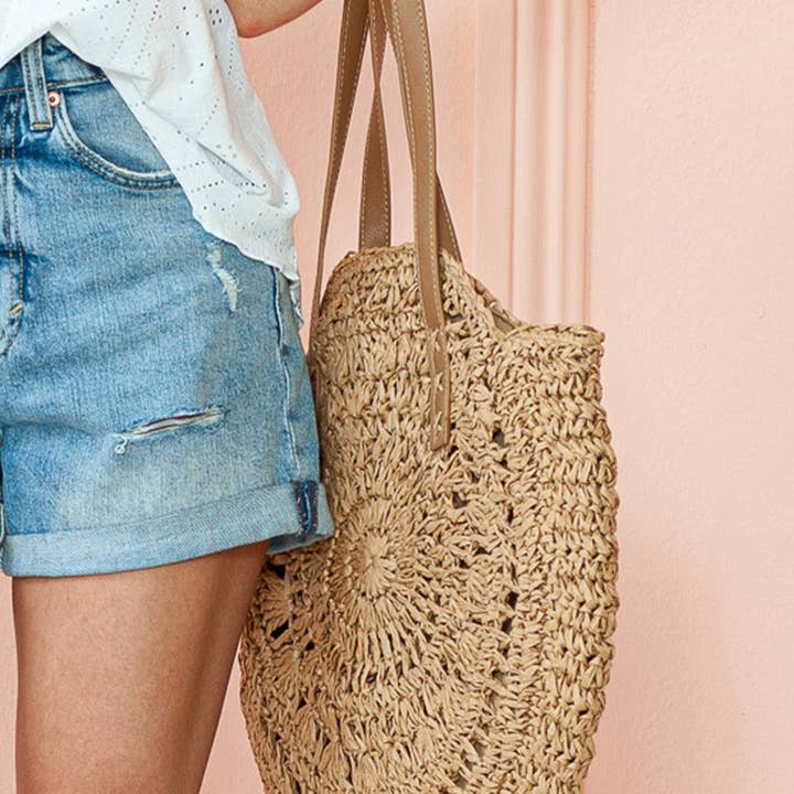 Camel Mavis Bohemian Straw Woven Round Bag for wholesale on Faire2