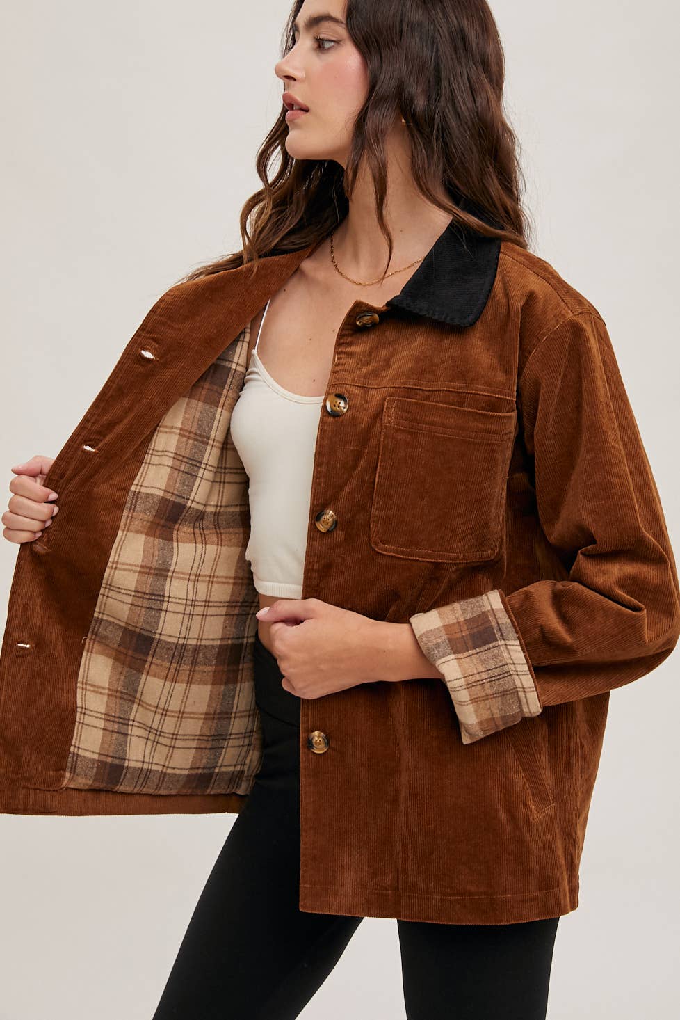 Peace Love Line - Wholesale Coat - Women's - PL4686 - CORDUROY BUTTON DOWN BARN COAT INNER PLAID2