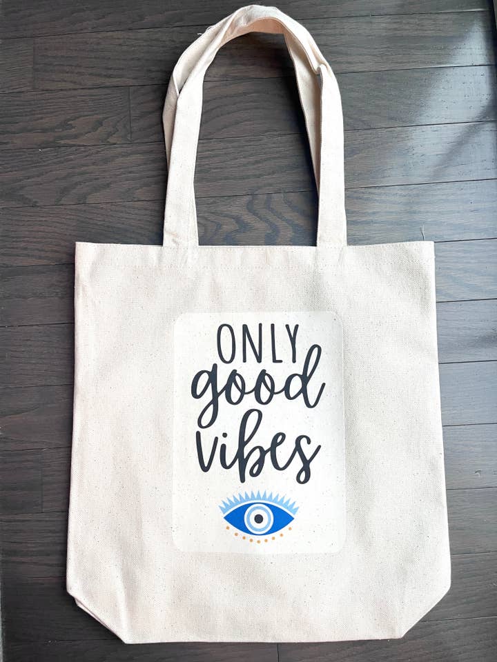 Only Good Vibes Evil Eye Canvas Tote for wholesale by Wicks and Whims