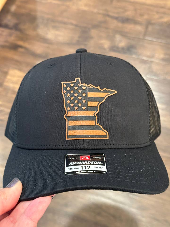 Minnesota American Flag Leather Patch Trucker Hat for wholesale by Mae'd
