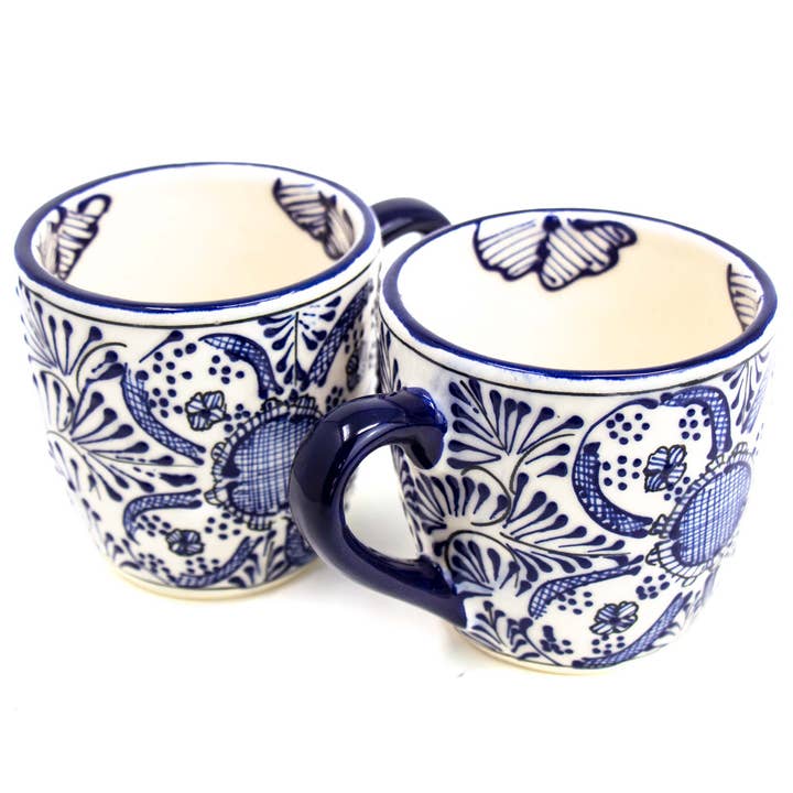 Encantada Handmade Pottery Set of 2 Mugs, Blue Flower for wholesale by Global Crafts