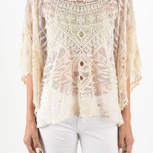 Ornate Crochet Poncho Top With Geometric Embroidered Details -1139 NAT for wholesale by Origami Apparel ~ Lace and Crochet inspired