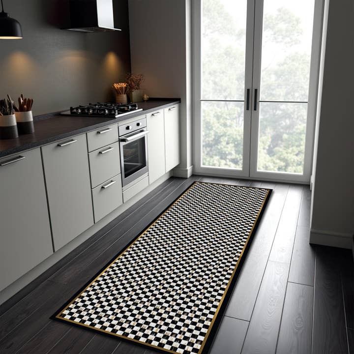 Rugendary Trade LLC - Wholesale Runner Rug - Checkered Runner Rug: Black and White Retro Kitchen Carpet