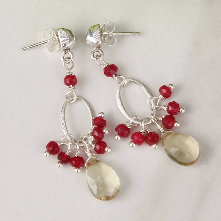 Lemon Quartz and Ruby Dangles for wholesale by Plumage Jewelry