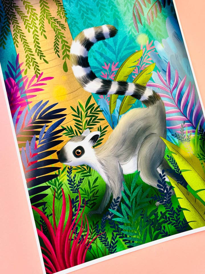 Ring-Tailed Lemur Art Print – Whimsical Jungle Wall Art for wholesale by Pixiecraft