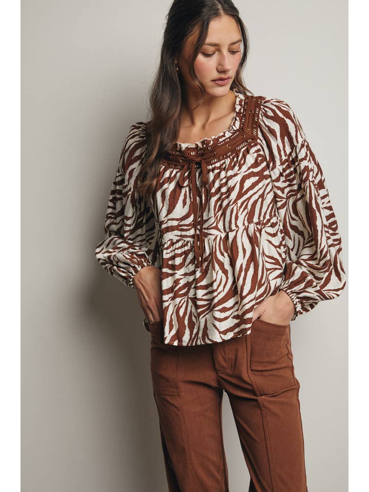 Forte - Wholesale Blouse - Women's - Zebra Jacquard Blouse with Faux Leather Trim FT002315