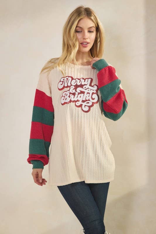 NATURALE ET7998-11 MAGLIA FESTIVA CON MANICHE A BLOCCHI DI COLORE E PATCH DI PAILLETTES in vendita all'ingrosso su Faire8