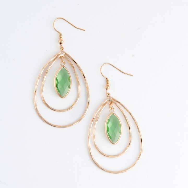 Howard's - Wholesale Dangle Earrings - Acadia Faceted Green Glass Gold Double Teardrop Earrings