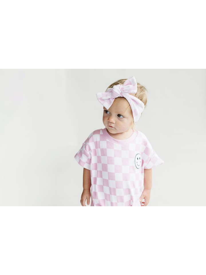 Lucky Panda Kids - Wholesale Bodysuit (Non-Footed) - Baby - Short Sleeve Bubble Romper | Checkered Smiley Pink4