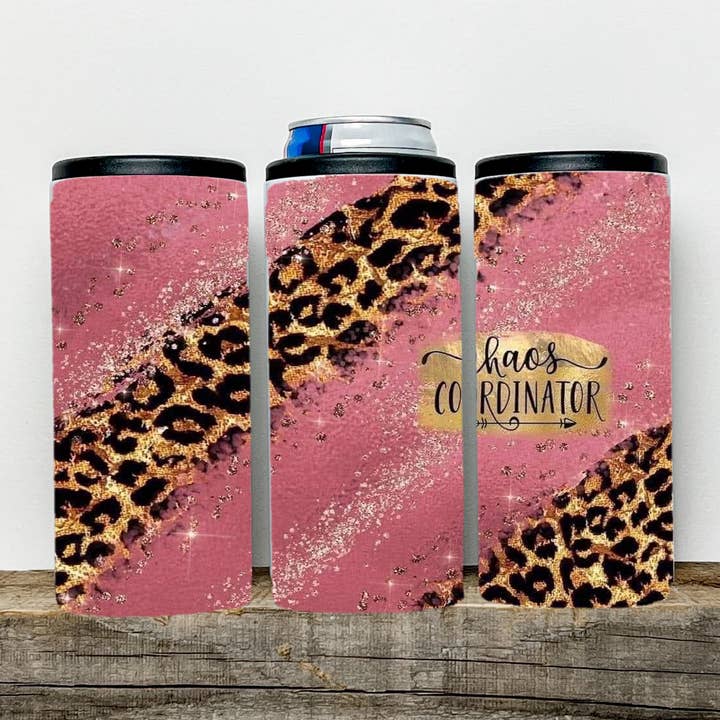 Chaos Coordinator Pink Glitter Cheetah Print Tumbler Koozie for wholesale by BreakOut Outfitters