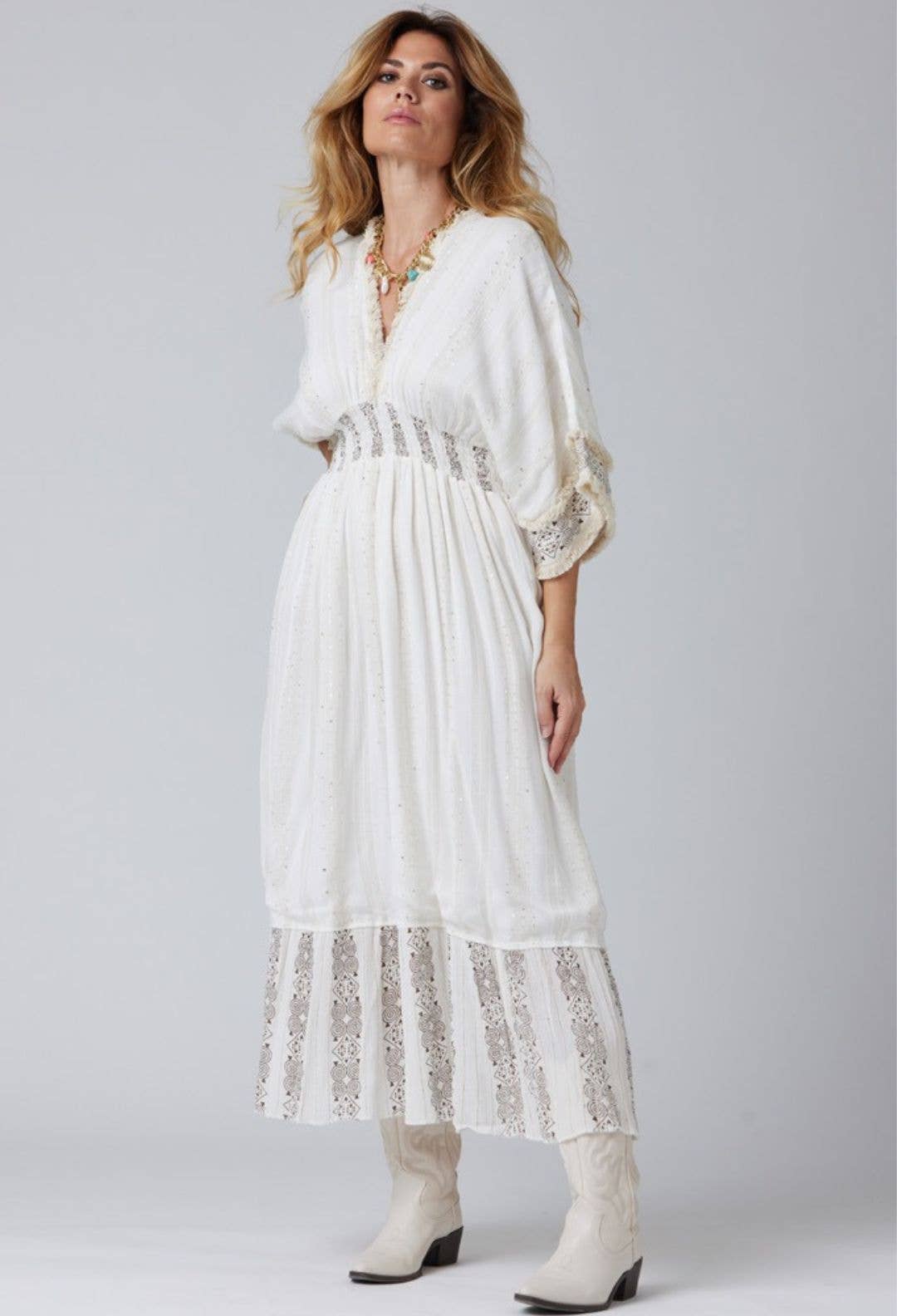 Ecru print Nature Long V-Neck Dress for wholesale on Faire