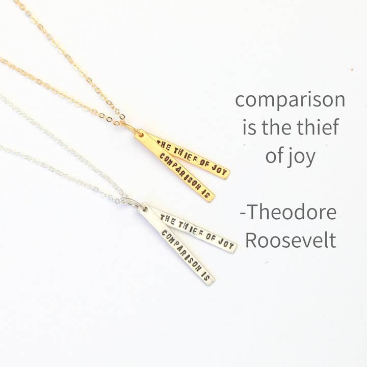 Comparison is the Thief of Joy - Theodore Roosevelt quote necklace for wholesale by Chocolate and Steel