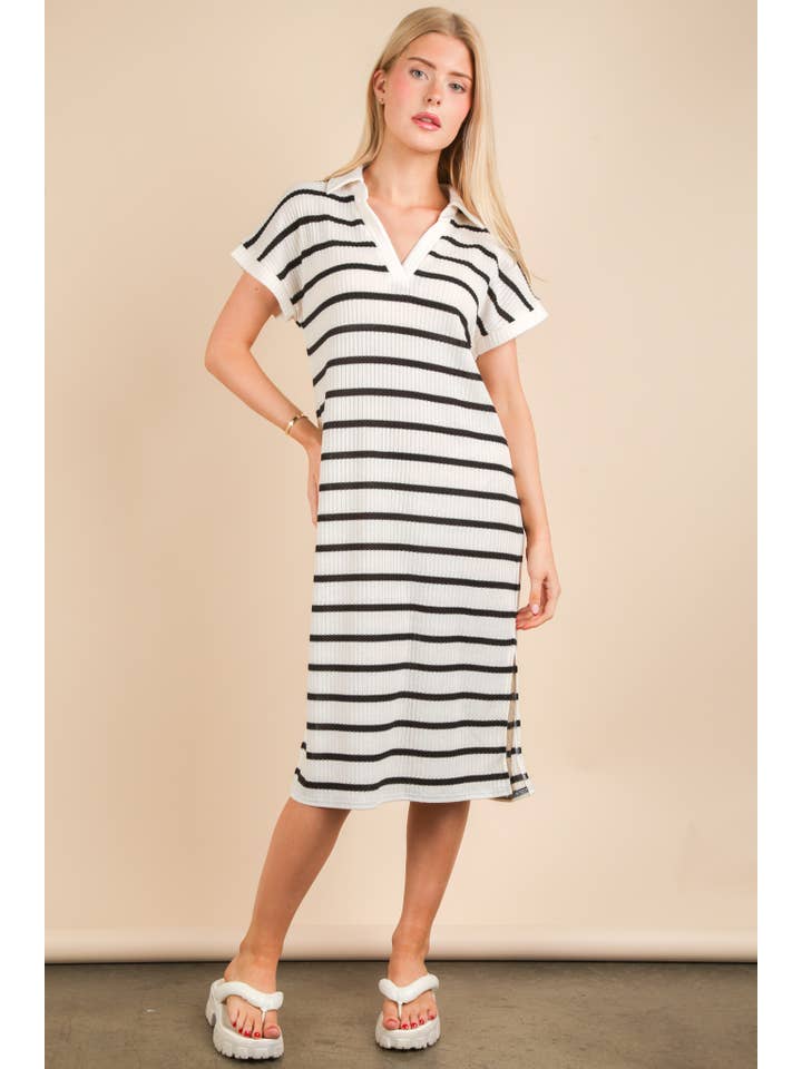 VERY J - Wholesale Dress - Women's - ND31647-Oversized Collared Striped Knit Midi Dress