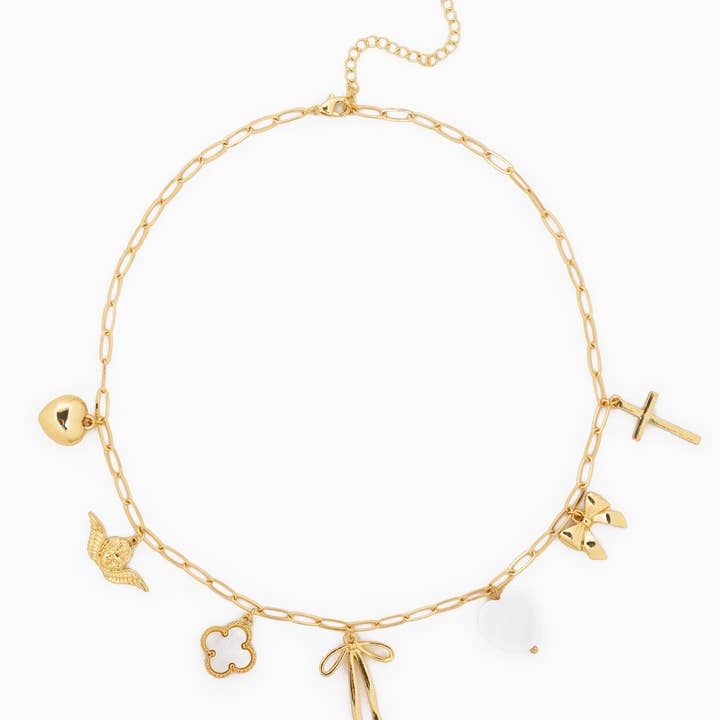 Sessori - Wholesale Pendant/Charm Necklace - Chunky Bow Multi Gold Charm Necklace