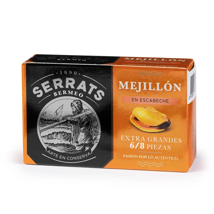 Mexilhões em conserva EXTRA GRANDES - Embalagem de 12 latas 110g por atacado de Conservas Serrats