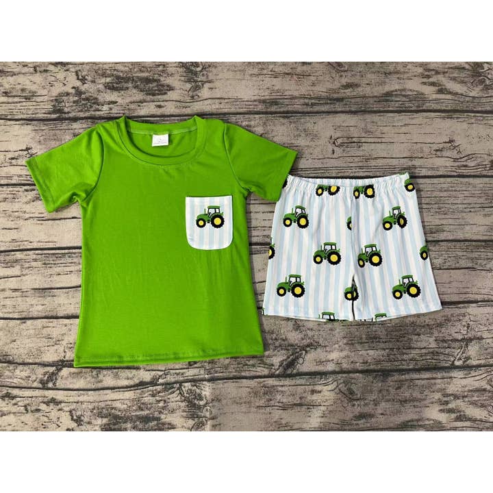 Wholesale Baby Boys Green Tee Shirts Tops Tractors Shorts Clothes
