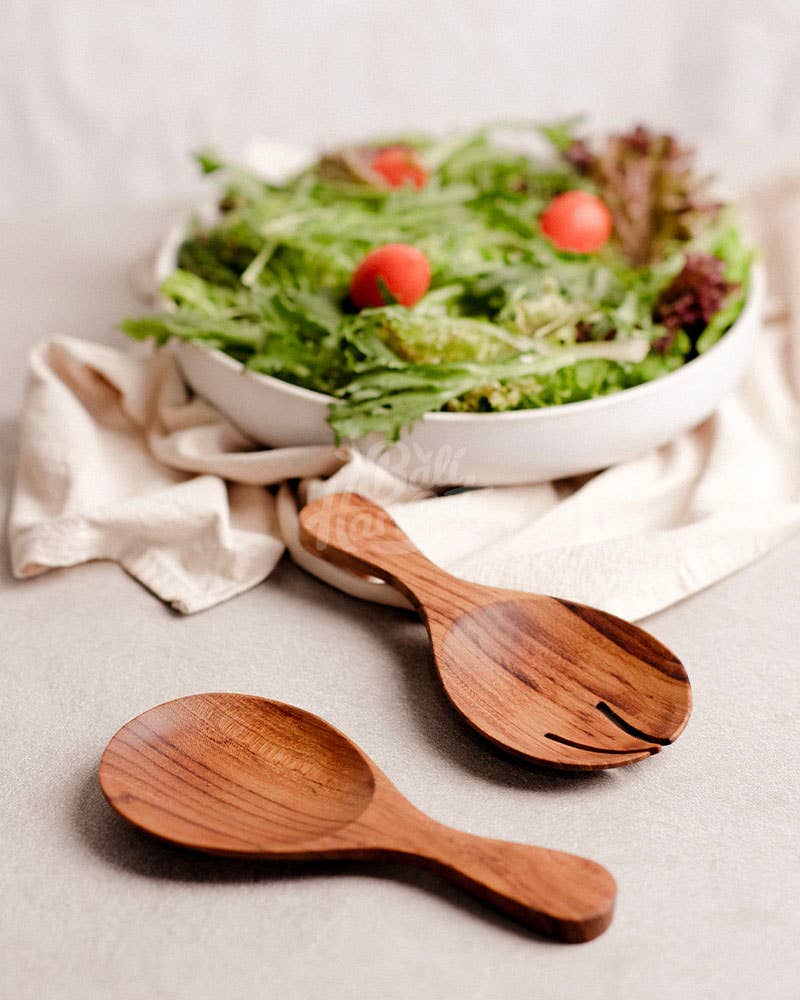Bali Harvest – Utensílios para servir por atacado – Conjunto de Talheres para Salada em Madeira de Teca - Colher e Garfo para Servir1